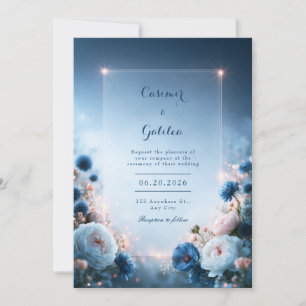 Leuchtende Blaue Blütenrand-Hochzeit Einladung