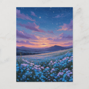 Leuchtende Blaue Wildblumenwiese bei Sonnenunterga Postkarte