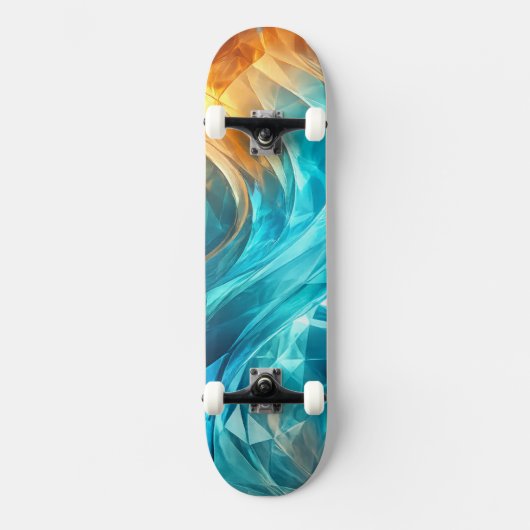 Leuchtende Cyan-Orange Low-Poly-Welle Skateboard (Vorderseite)