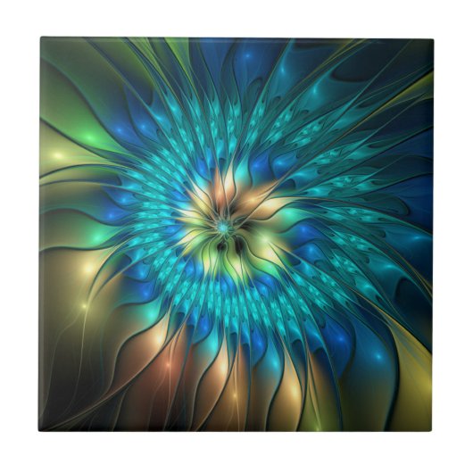 Leuchtende Fantasy-Blume, farbenfrohes abstraktes Fliese (Vorderseite)