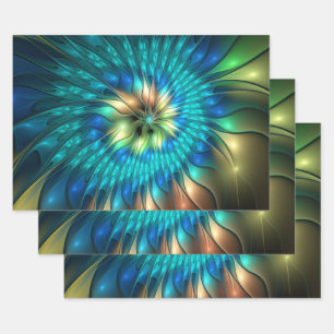 Leuchtende Fantasy-Blume, farbenfrohes abstraktes  Geschenkpapier Set