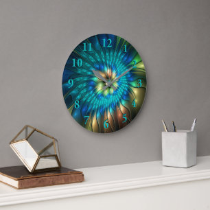 Leuchtende Fantasy-Blume, farbenfrohes abstraktes Große Wanduhr