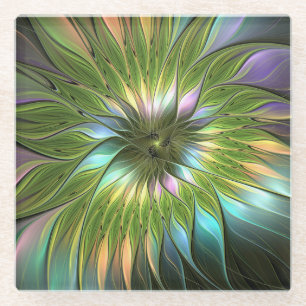 Leuchtende farbenfrohe Fantasy-Blumen-Fraktal-Kuns Glasuntersetzer