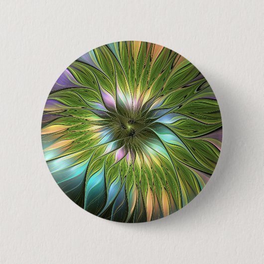 Leuchtende Farbige Fantasy-Blumen-Fraktal-Kunst Button (Vorderseite)