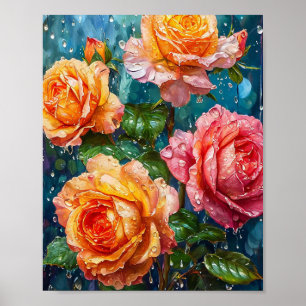 Leuchtende orange Rosen mit Tautropfen Poster