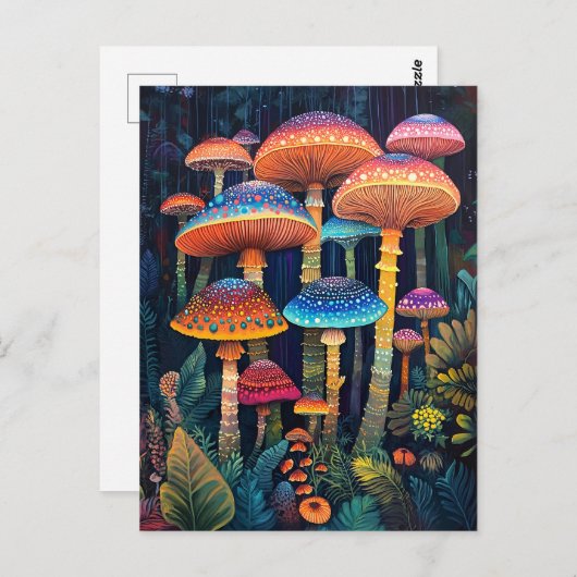 Leuchtende Pilze farbenfroher Dschungel Postkarte (Vorne/Hinten)