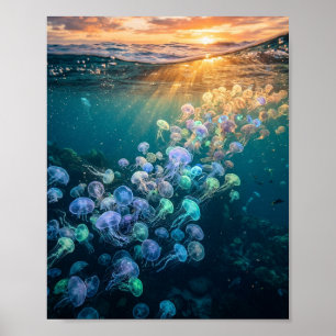 Leuchtende Quallen Schwarm Unterwasser Sonnenunter Poster