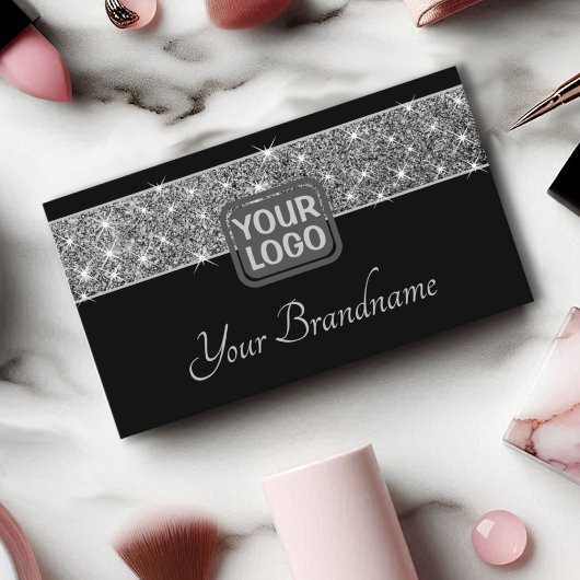 Leuchtende Silberglanzsterne-Glitzer-Logo Schwarz Visitenkarte