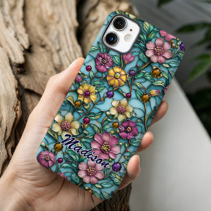 Leuchtende violette Glasmalerei Botanische Blume iPhone 16 Hülle