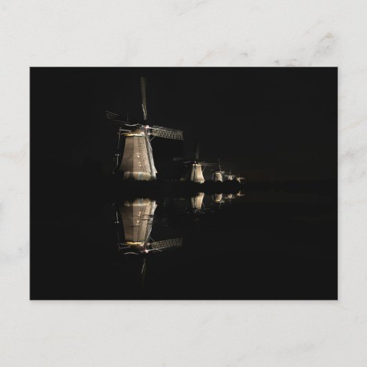 Leuchtende Windmühlen in Kinderdijk Postkarte (Vorderseite)