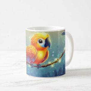 Leuchtender Ara auf einem Ast sitzend. Kaffeetasse