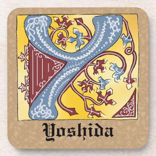 Leuchtender Brief Y: Mittelalterliches Blau und Ro Getränkeuntersetzer (Vorderseite)