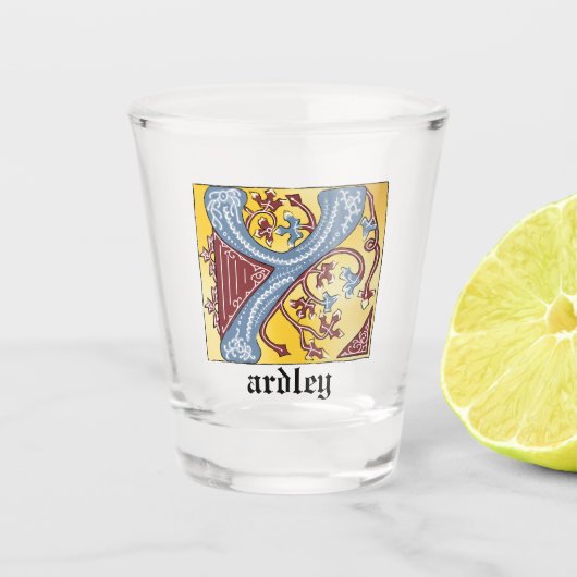 Leuchtender Brief Y: Mittelalterliches Blau und Ro Schnapsglas (Vorderseite)