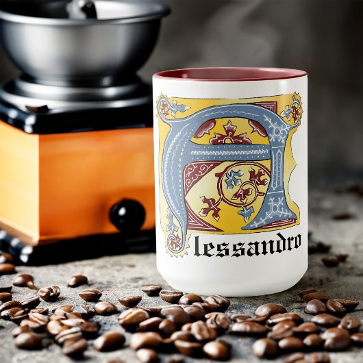 Leuchtender Buchstabe A des mittelalterlichen blau Tasse