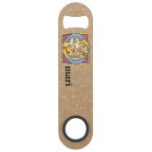 Leuchtender Buchstabe O in rechteckigem Blau und R Speed Flaschenöffner (Rückseite)