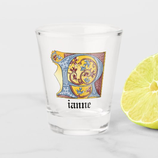 Leuchtender Buchstabe R für mittelalterliches Blau Schnapsglas (Vorderseite)