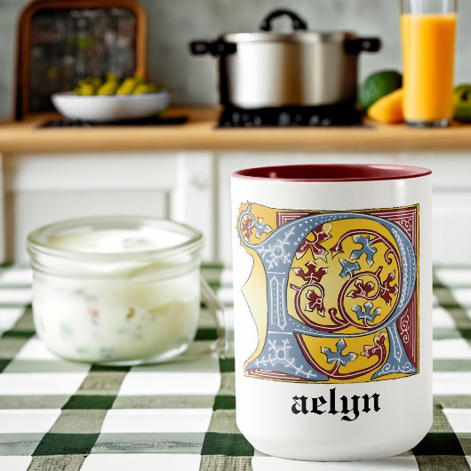 Leuchtender Buchstabe R für mittelalterliches Blau Tasse