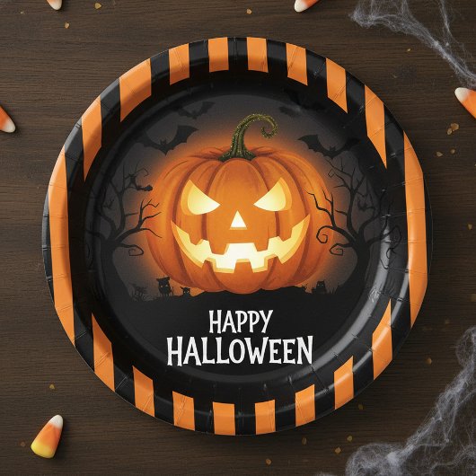 Leuchtender Jack-O'-Lantern Gruseliger Glücklicher Pappteller