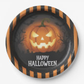 Leuchtender Jack-O'-Lantern Gruseliger Glücklicher Pappteller (Vorderseite)