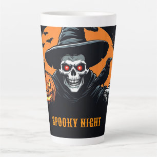 Leuchtender Jack O Lantern mit Halloween-Skelett � Milchtasse