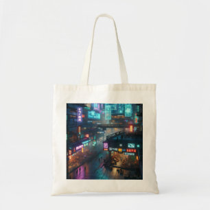 Leuchtender Neon Cyberpunk Cityscape futuristisch Tragetasche