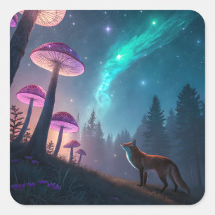 Leuchtender Pilzwald Fuchs Fantasy-Kunst Quadratischer Aufkleber