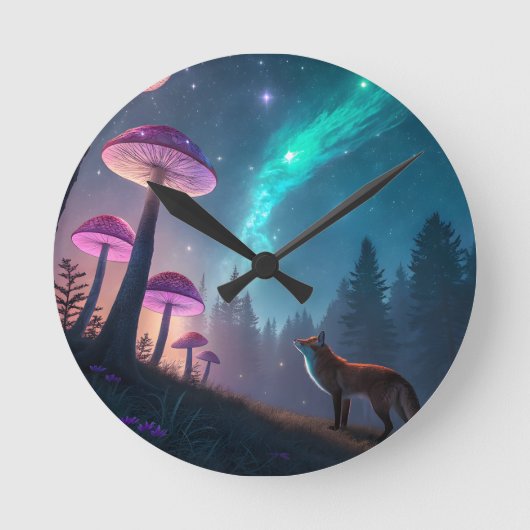 Leuchtender Pilzwald Fuchs Fantasy-Kunst Runde Wanduhr (Vorderseite)