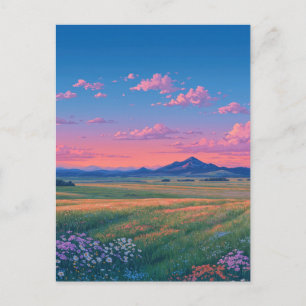 Leuchtender Sonnenuntergang über der Wildblumen-Be Postkarte