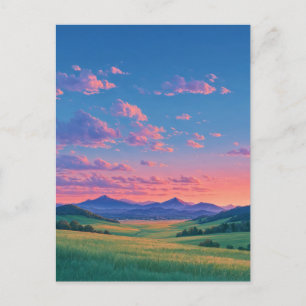 Leuchtender Sonnenuntergang über rollenden grünen  Postkarte