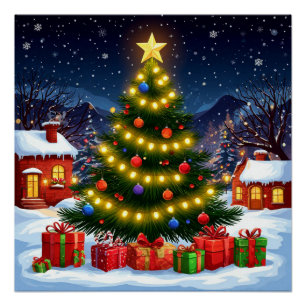Leuchtender Weihnachtsbaum in einem schneebedeckte Poster