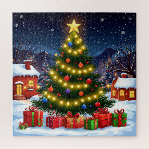 Leuchtender Weihnachtsbaum in einem schneebedeckte Puzzle