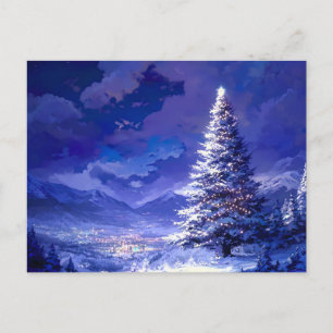 Leuchtender Weihnachtsbaum Schneebedeckte Bergland Feiertagspostkarte