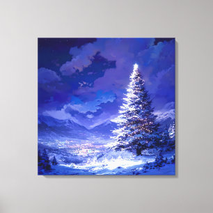 Leuchtender Weihnachtsbaum Schneebedeckte Bergland Leinwanddruck