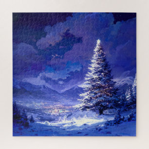 Leuchtender Weihnachtsbaum Schneebedeckte Bergland Puzzle