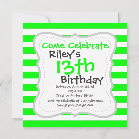 Leuchtendes Neon Lime Green und White Stripes Must Einladung (Vorderseite)