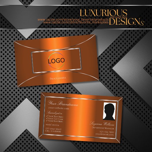 Leuchtendes Orange Silber Dekor mit Logos und Foto Visitenkarte