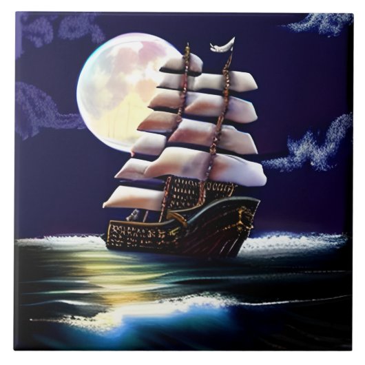 Leuchtendes Schiff auf dem Ozean unter dem Mond Fliese (Vorderseite)
