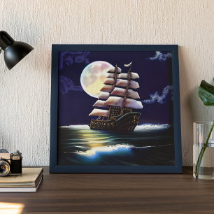 Leuchtendes Schiff auf dem Ozean unter dem Mond Poster