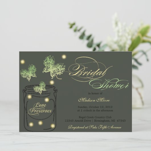 Leuchtkäfer-und Maurer-Glas-Brautparty - Grün Einladung (Stehend Vorderseite)