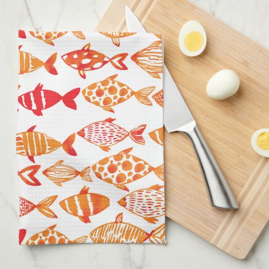 Leuchtorange-Aquarell-Fisch-Muster Geschirrtuch (Viertel Falte)