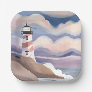 Leuchtturm am Meer   Aquarell-Ozean-Gemälde Pappteller