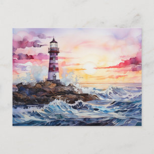 Leuchtturm am Meer bei Sonnenuntergang Aquarell  Postkarte