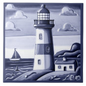Leuchtturm am Meer in Blau und Weiß Fliese (Vorderseite)