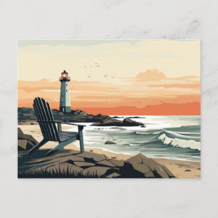Leuchtturm am Meer mit Strandstuhl Postkarte