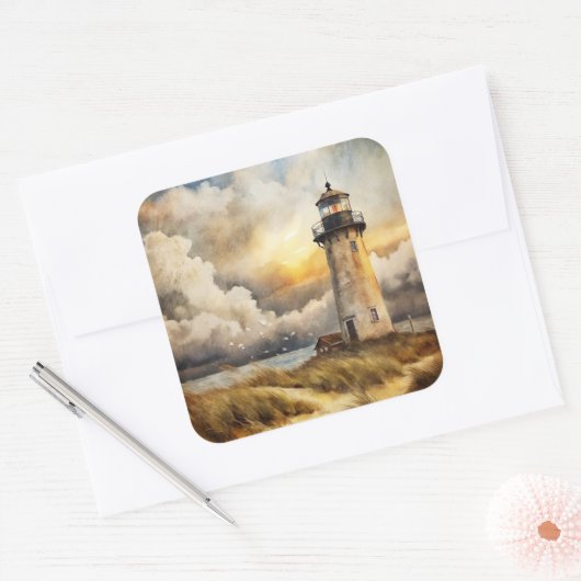 Leuchtturm am Strand Quadratischer Aufkleber (Umschlag)