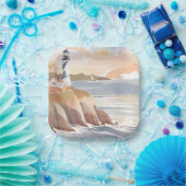 Leuchtturm an der Küste | Aquarellmeer Pappteller (Party)