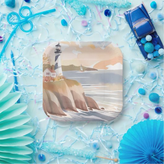 Leuchtturm an der Küste | Aquarellmeer Pappteller (Party)