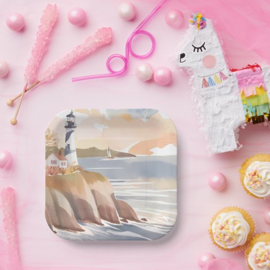 Leuchtturm an der Küste | Aquarellmeer Pappteller (Party)