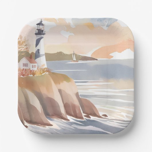 Leuchtturm an der Küste | Aquarellmeer Pappteller (Vorderseite)