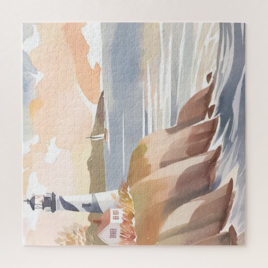 Leuchtturm an der Küste | Aquarellmeer Puzzle (Vertikal)